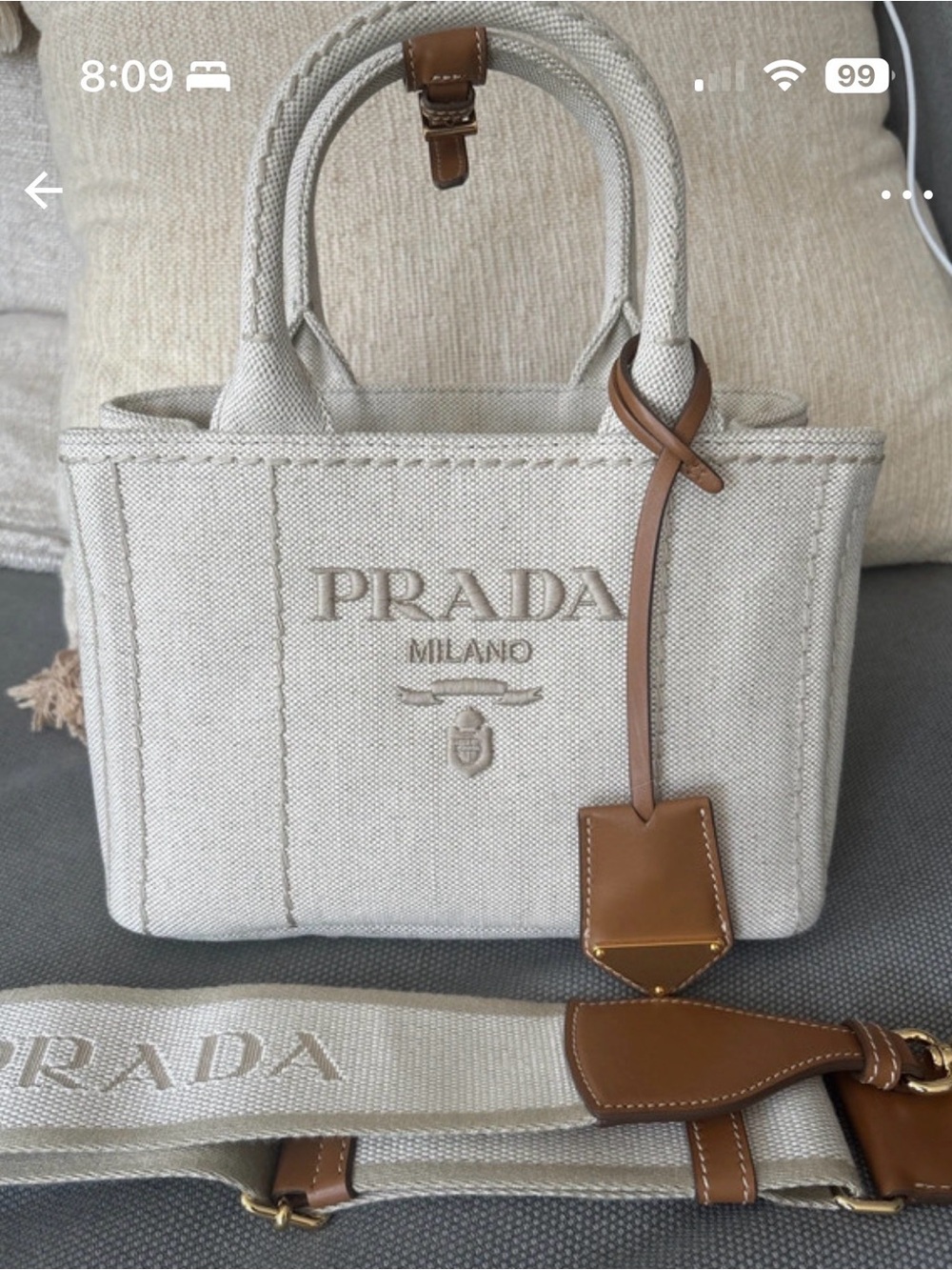 PRADA brand new Jardiniere Medium Beige Canvas Tote & Tan Leather,Dust bags box!